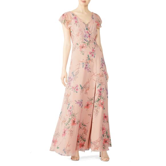 MONIQUE LHUILLIER Pink Floral Crepe Short Sleeve Floral Gwen Gown Size 6 - Picture 2 of 14
